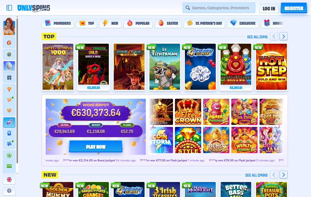 Sección de casino en vivo de OnlySpins casino en escritorio