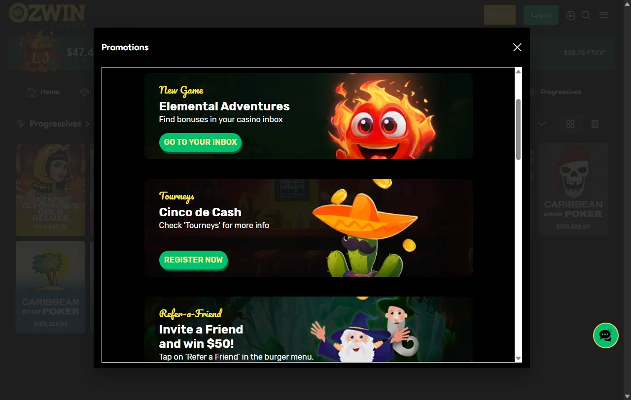 Paquete de bienvenida y promociones semanales vigentes en Ozwin Casino