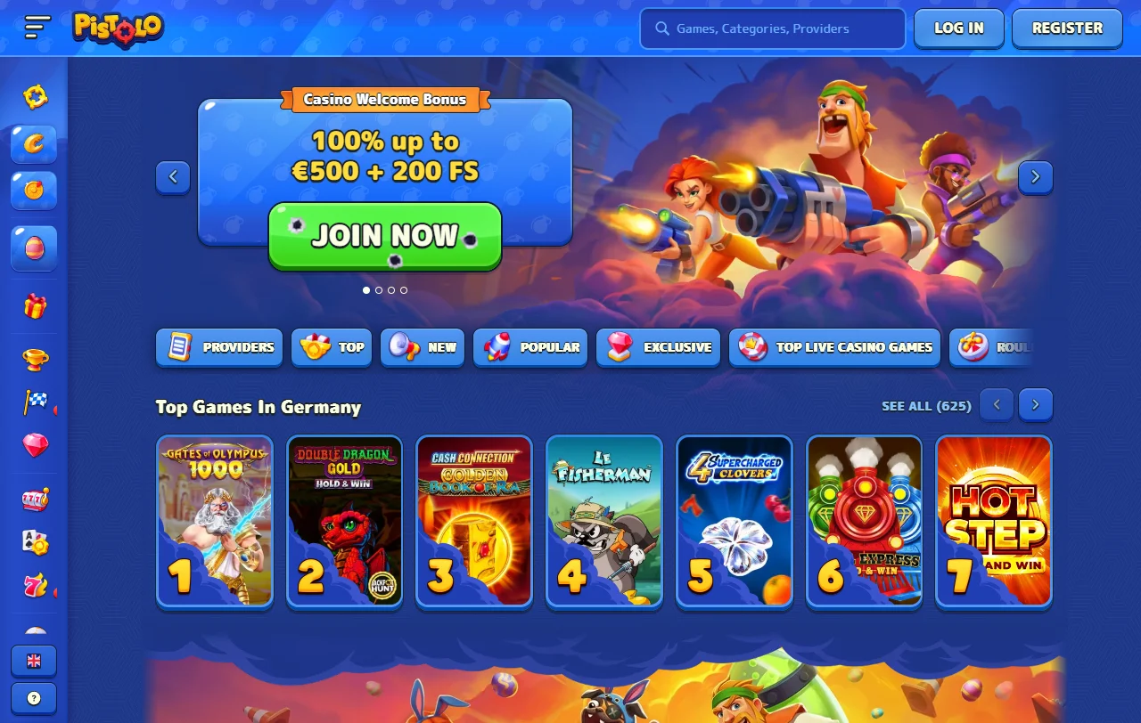 Vista general de Pistolo Casino con sus secciones de casino en vivo y apuestas deportivas