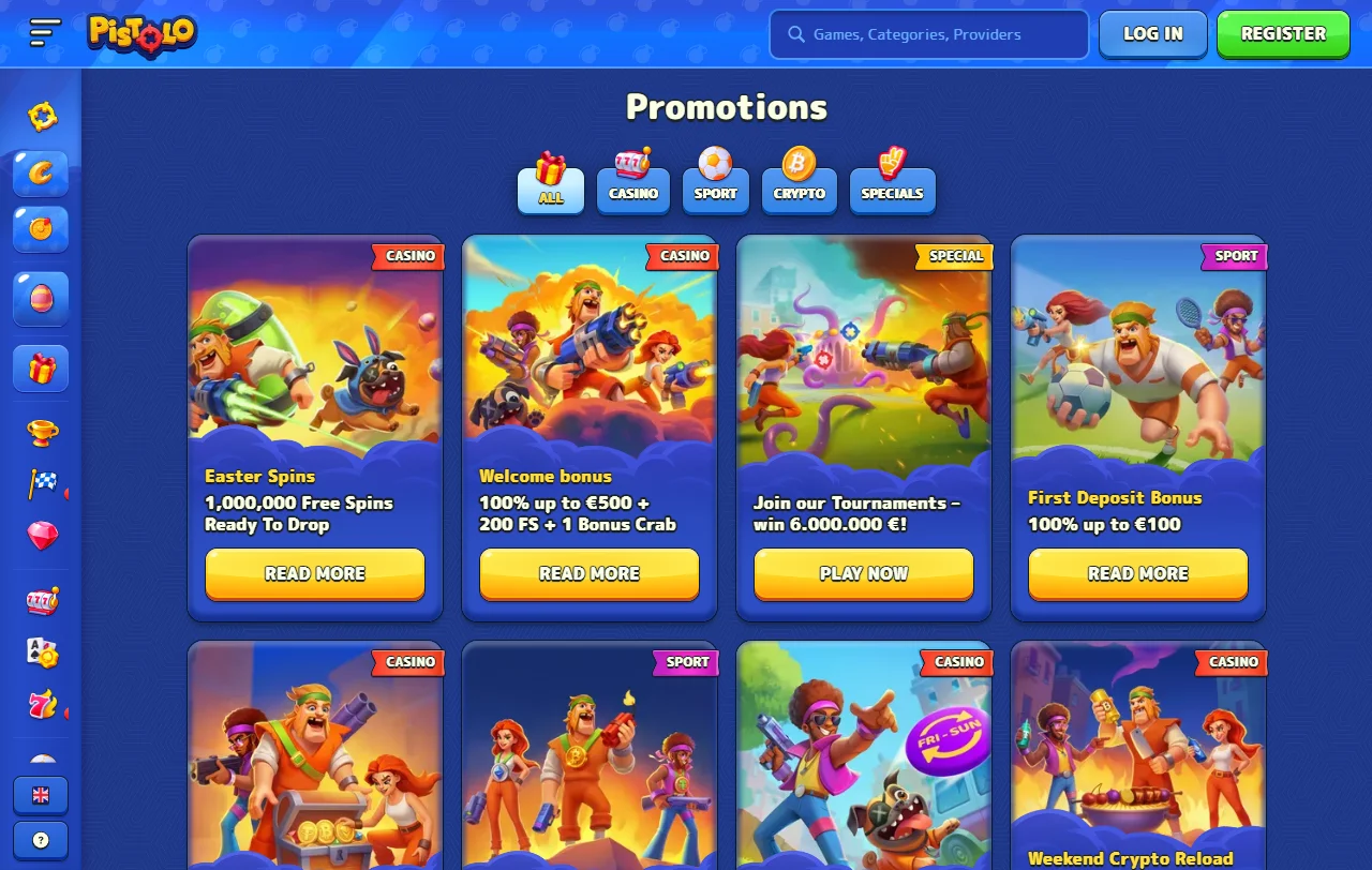 Catálogo de Pistolo Casino con slots de Pragmatic Play y Hacksaw Gaming