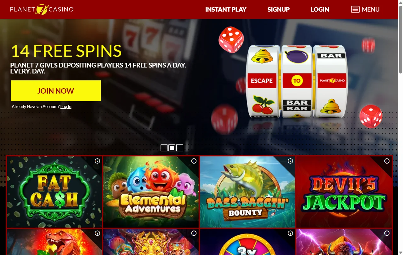 Vista general de Planet 7 Casino para jugadores en Chile con catálogo RTG