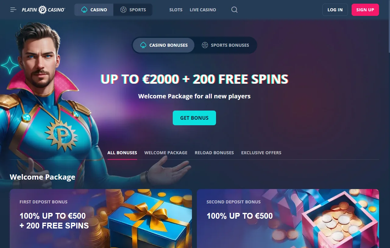 Paquete de bienvenida de Platin Casino con 100% y 200 free spins