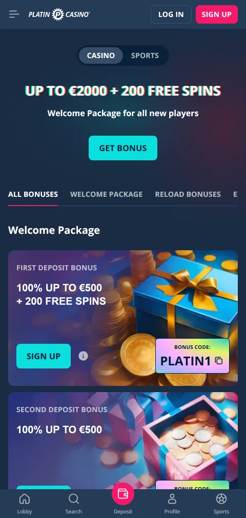 Licencia de Curaçao y datos del operador de Platin Casino en móvil
