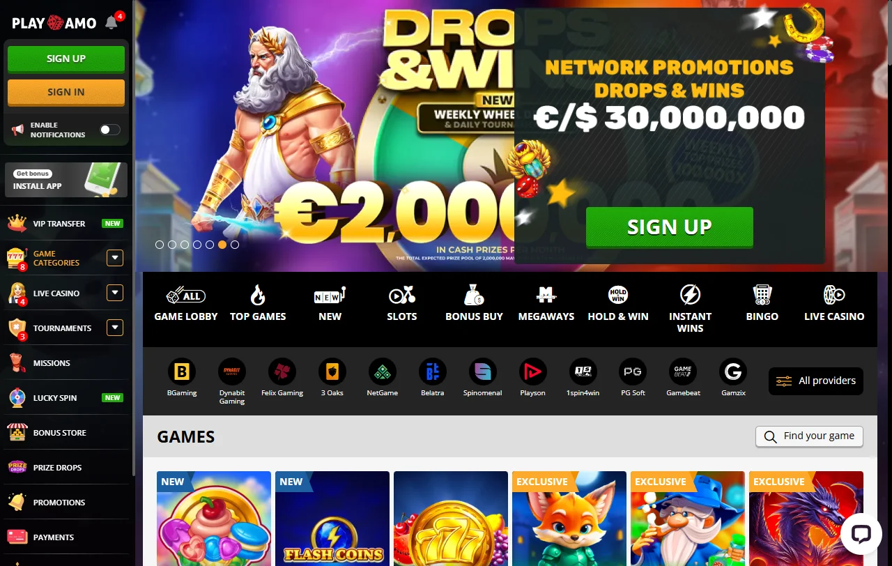 Portada de PlayAmo Casino con su oferta de más de 3.500 juegos