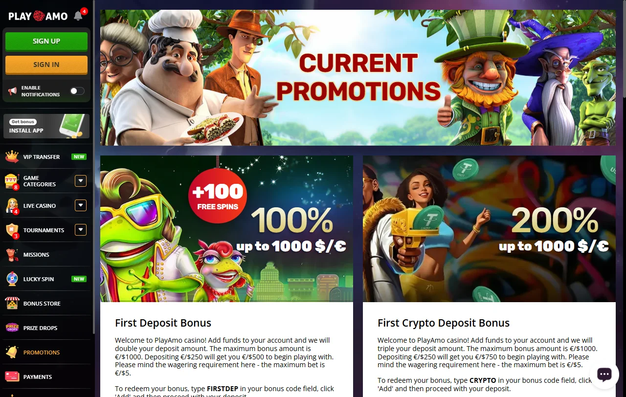 Bono de primer depósito de PlayAmo Casino repartido en cuatro depósitos
