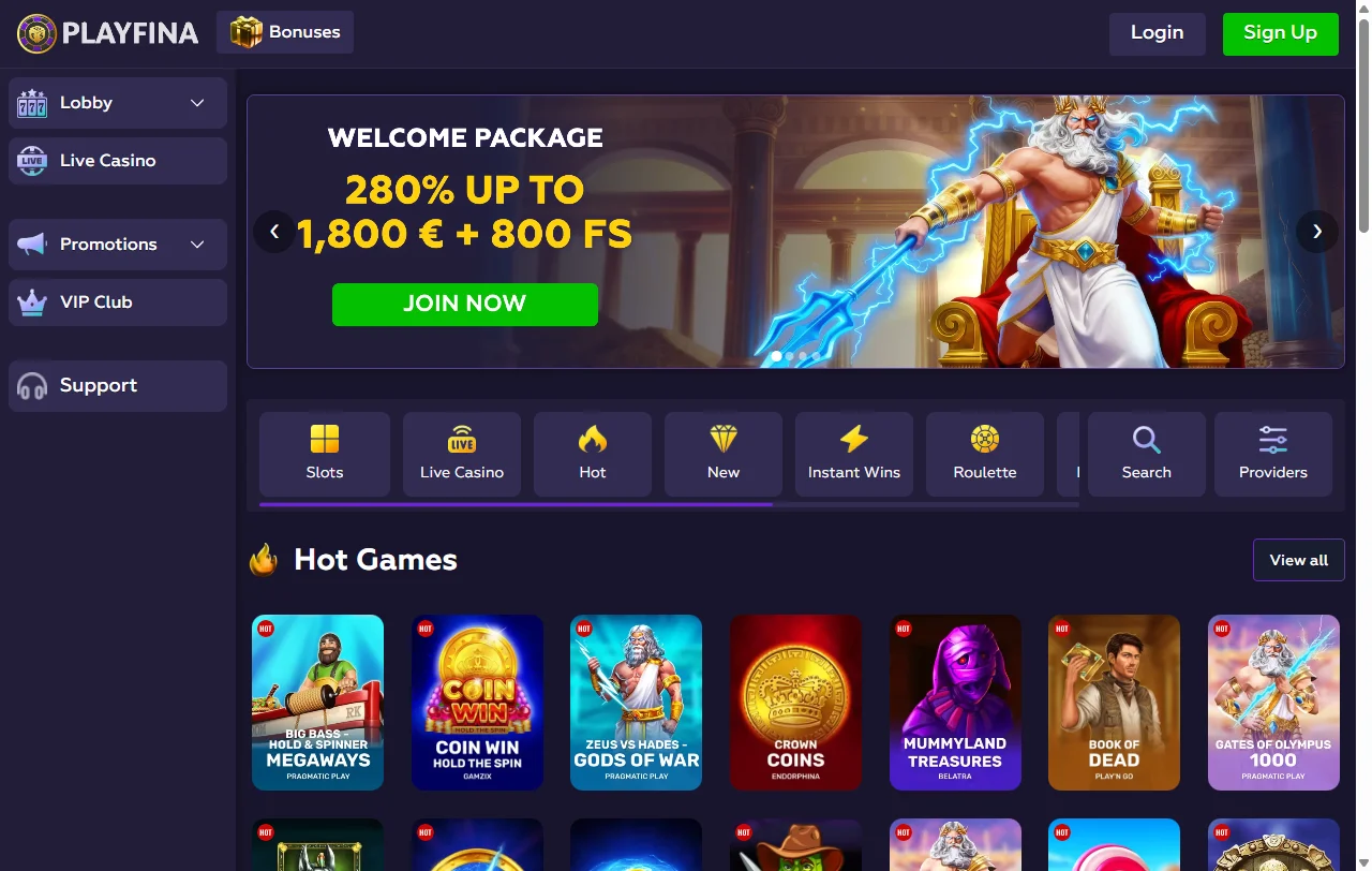 Vista general de Playfina Casino y su catálogo de más de 11.000 títulos