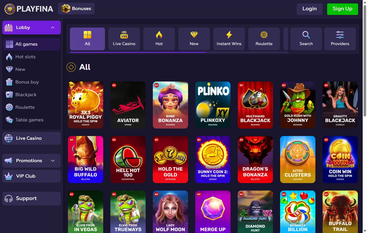Paquete de bienvenida de Playfina Casino de hasta 1.800 € y 800 free spins