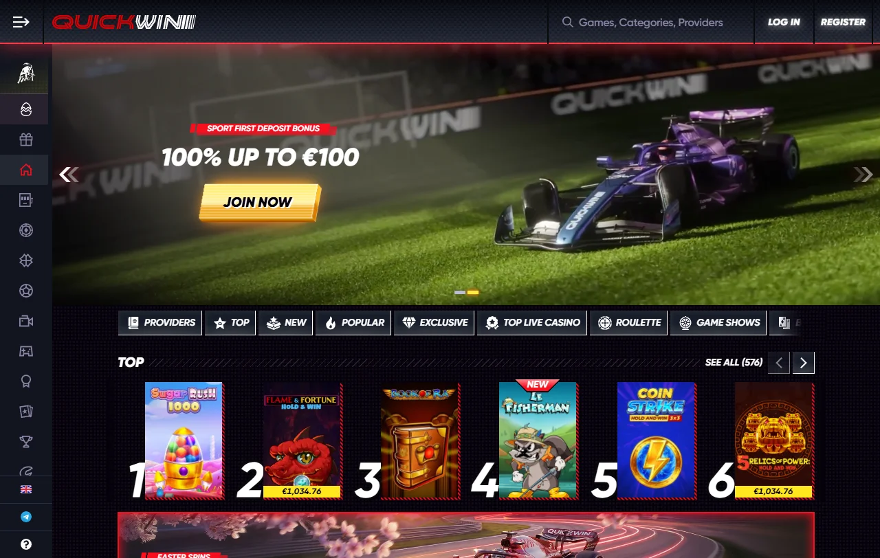 Portada de QuickWin Casino para Chile con temática de carreras y promociones vigentes