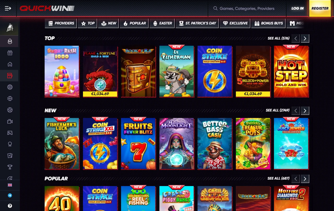 Catálogo de QuickWin Casino con más de 14.000 tragamonedas, mesas y juegos en vivo