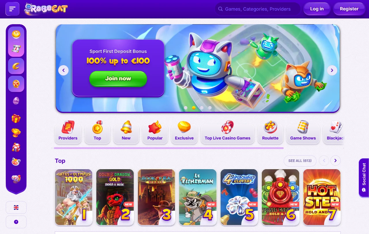 Vista general de RoboCat Casino con su lobby de más de 11.000 juegos