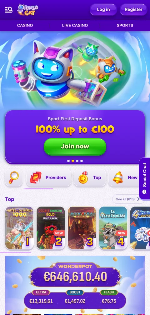 RoboCat Casino en el navegador del celular con versión web HTML5
