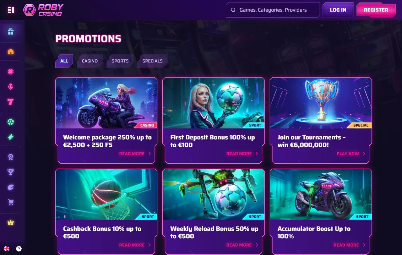 Catálogo de slots y mesas en vivo de Roby Casino ordenado por proveedor