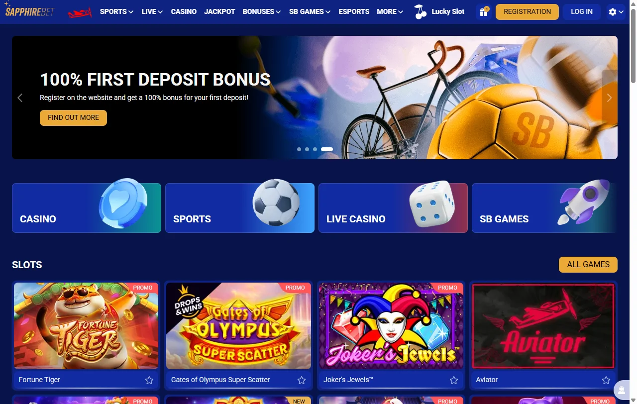 Vista general de SapphireBet con casino, sportsbook y casino en vivo para Chile