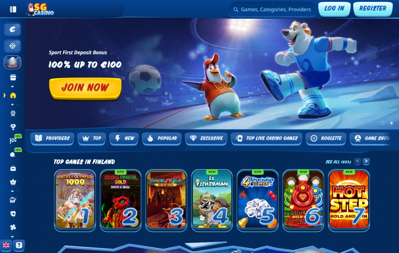 Portada de SG Casino con acceso a juegos de casino y apuestas deportivas