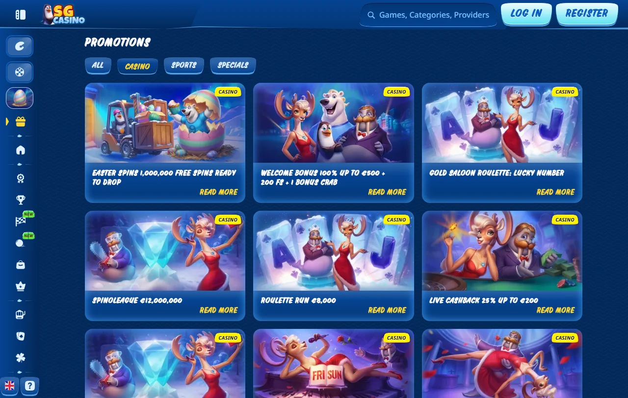Lobby de SG Casino con más de 7.000 juegos de Pragmatic Play y Evolution