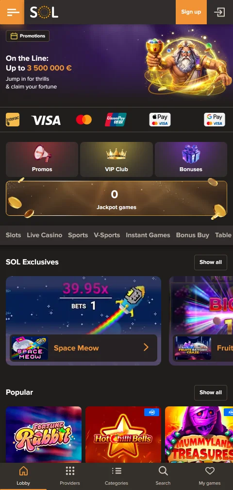 Sol Casino en el navegador del celular, con la misma cuenta para casino y deportes