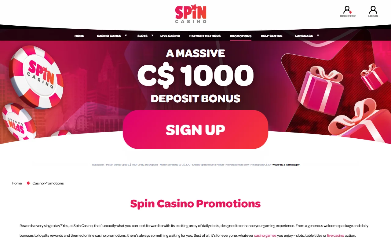 Paquete de bienvenida de Spin Casino con hasta CLP 720.000 y 160 giros