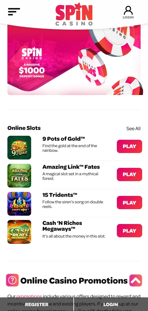 App de Spin Casino para iOS y Android con el lobby de juegos