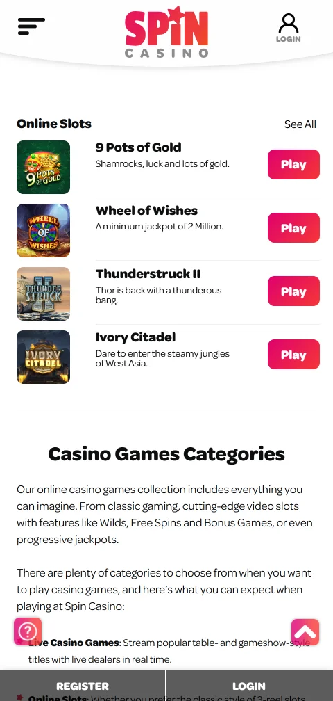 Caja de Spin Casino en el celular con WebPay, Skrill y Neteller