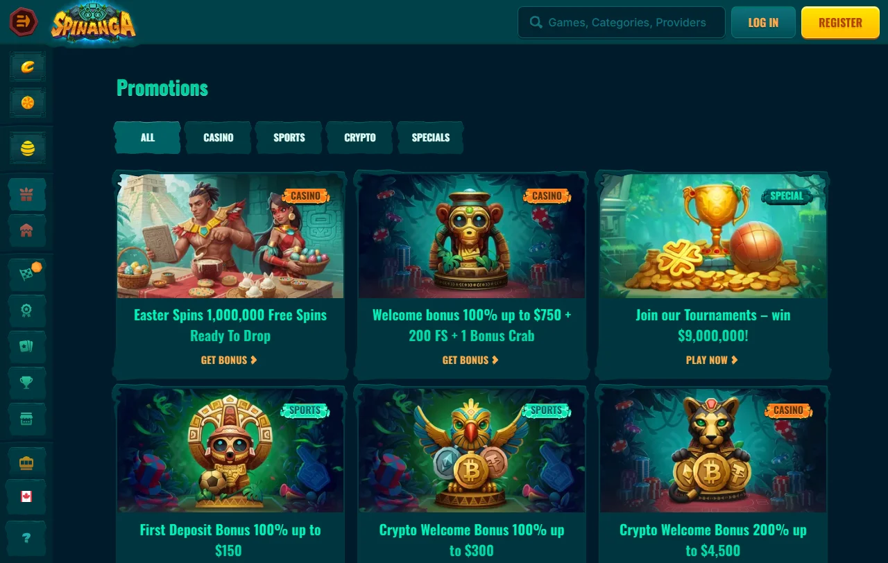 Catálogo de juegos de Spinanga con más de 7.000 títulos de 100 proveedores