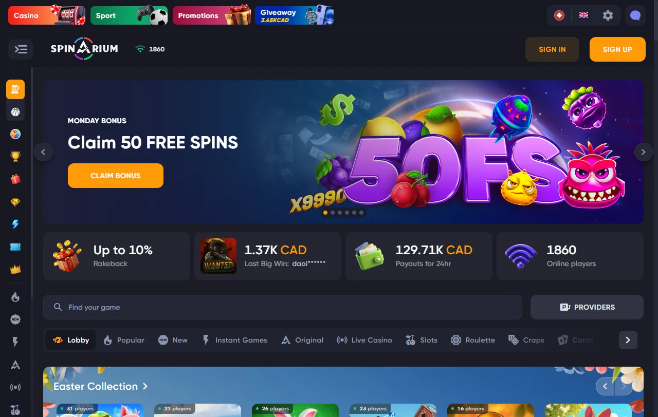 Página principal de Spinarium Casino con acceso al catálogo y promociones para Chile