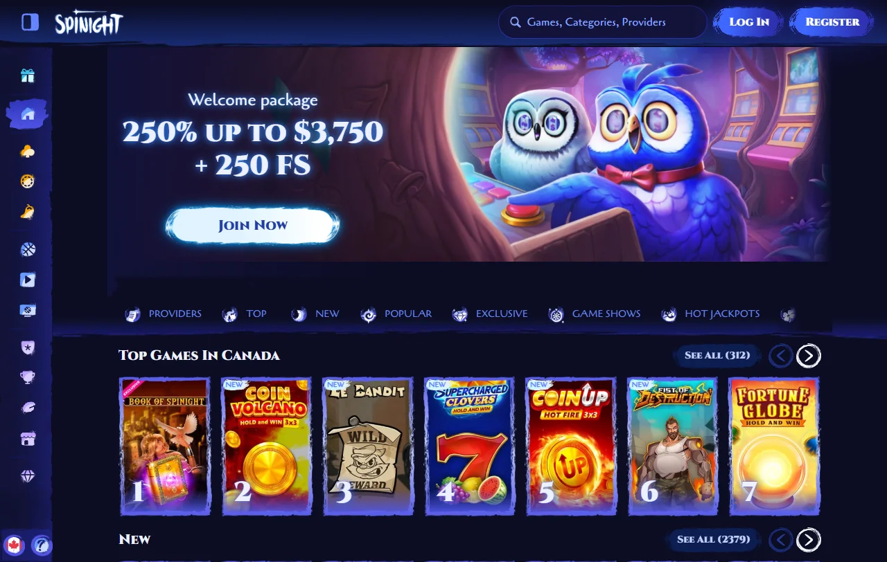 Portada de Spinight Casino con diseño nocturno y acceso a live casino y deportes