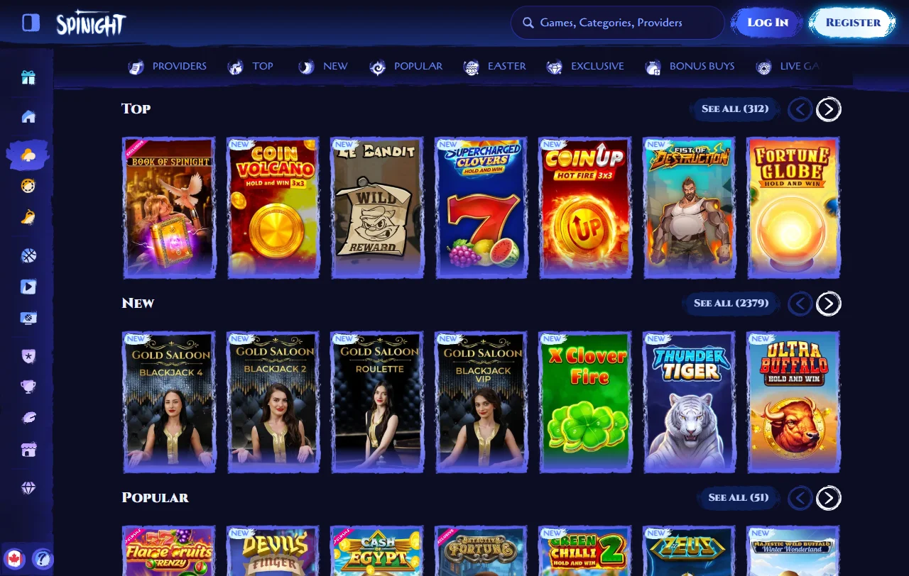 Catálogo de tragamonedas de Spinight Casino con más de 13.700 títulos de 133 estudios