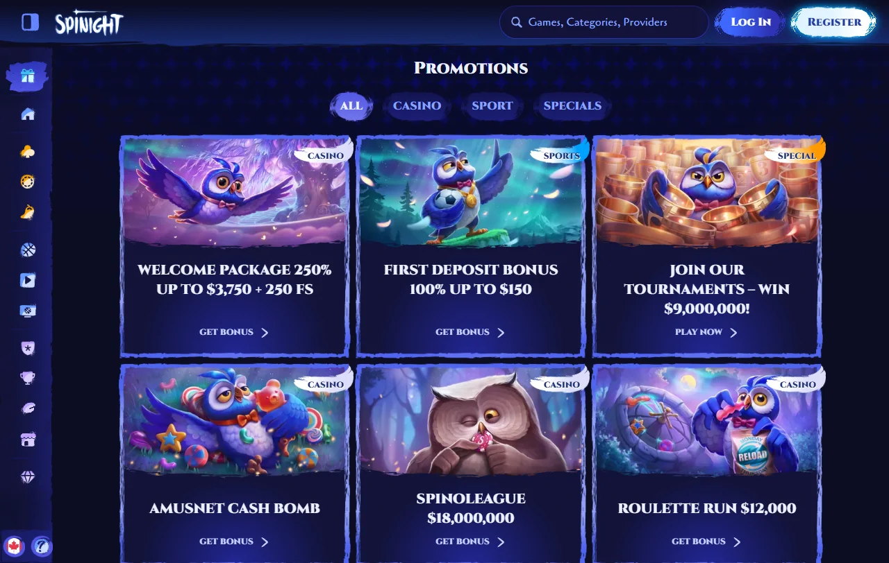 Paquete de bienvenida de Spinight Casino de 250% hasta $2.500.000 CLP y 250 giros