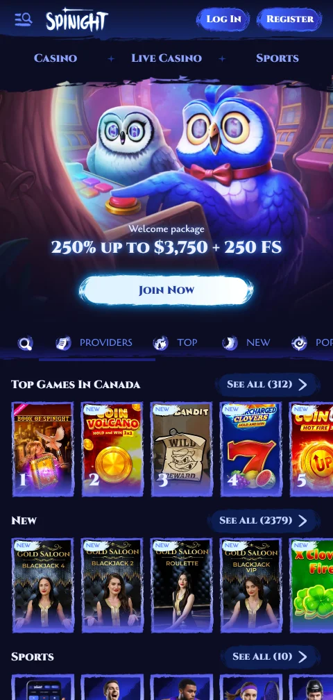 Spinight Casino en el navegador del celular con lobby HTML5 en formato vertical