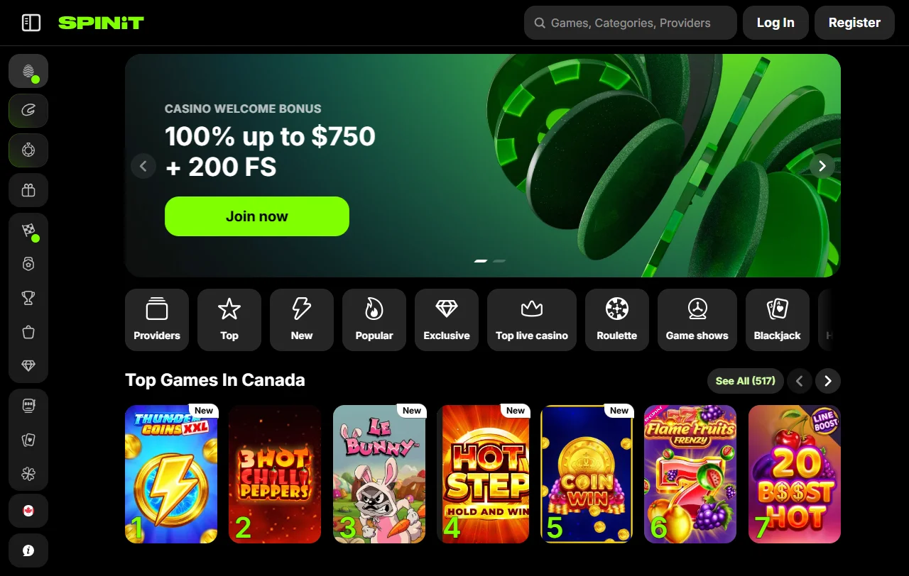Vista general de Spinit Casino para jugadores en Chile, operado por Stellar Ltd