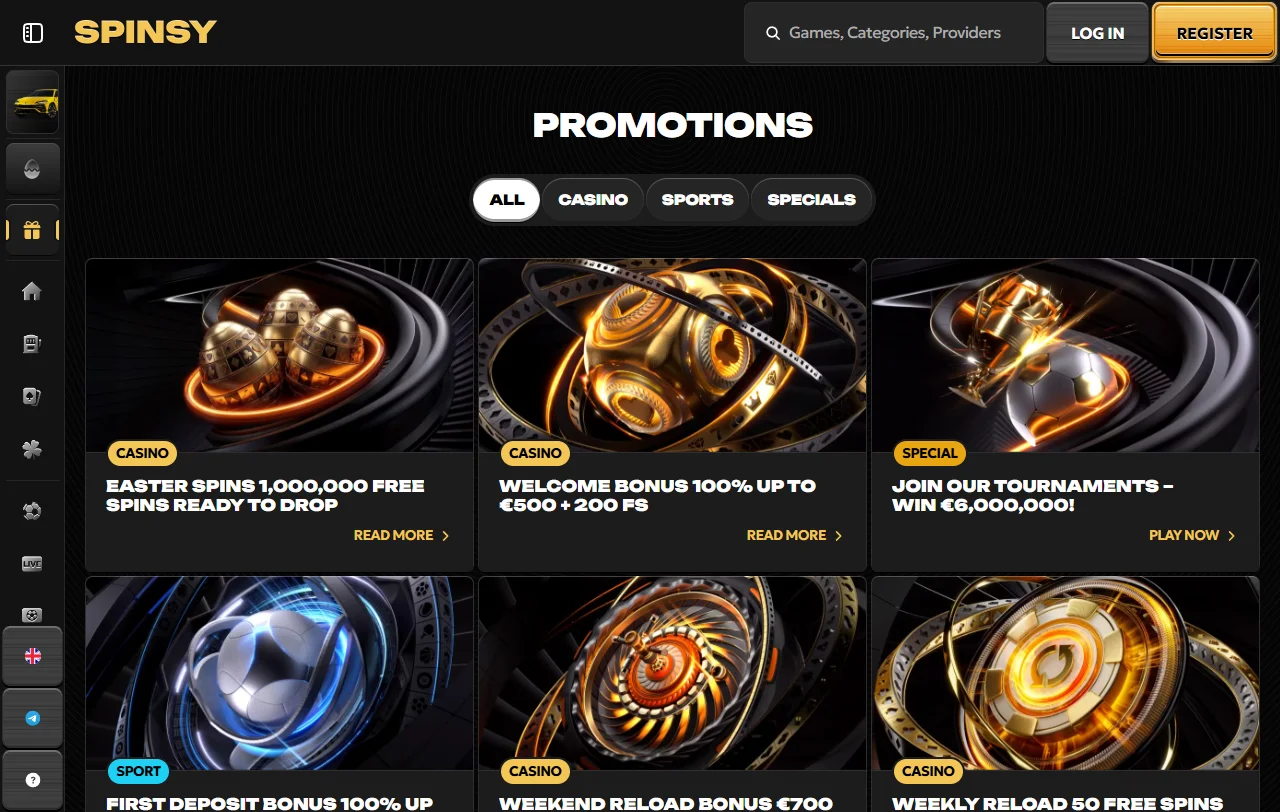 Catálogo de Spinsy Casino con 7.384 slots, jackpots y mesas en vivo de Evolution
