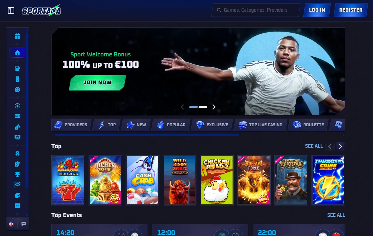 Portada de Sportaza con apuestas deportivas y acceso al lobby de juegos