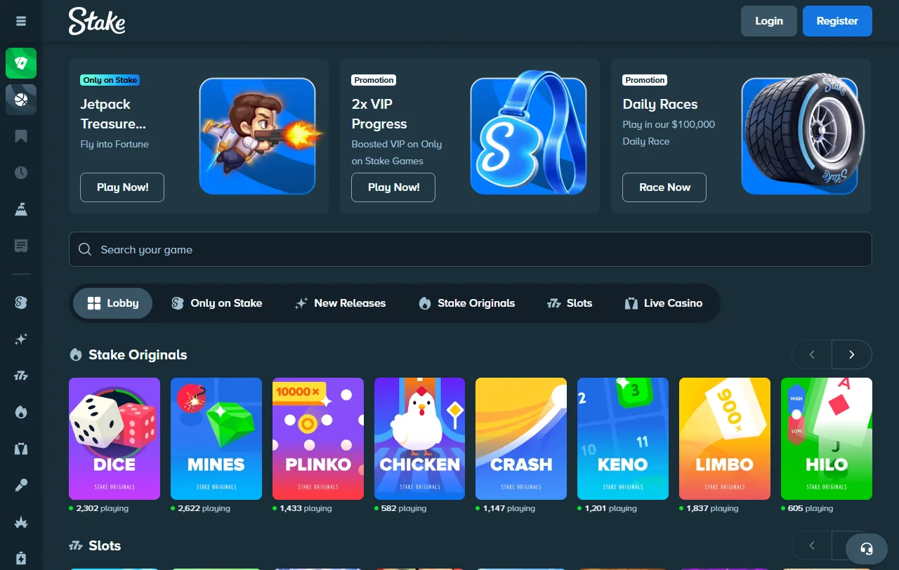 Catálogo de juegos de Stake Casino con Stake Originals y tragamonedas de Pragmatic Play