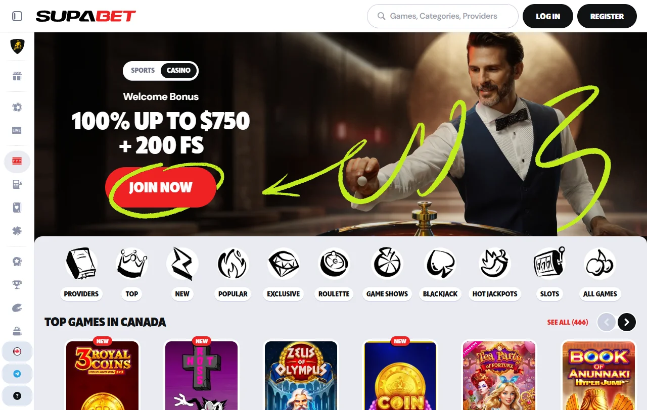 Supabet Casino: portada con acceso a apuestas deportivas, tragamonedas y mesas en vivo
