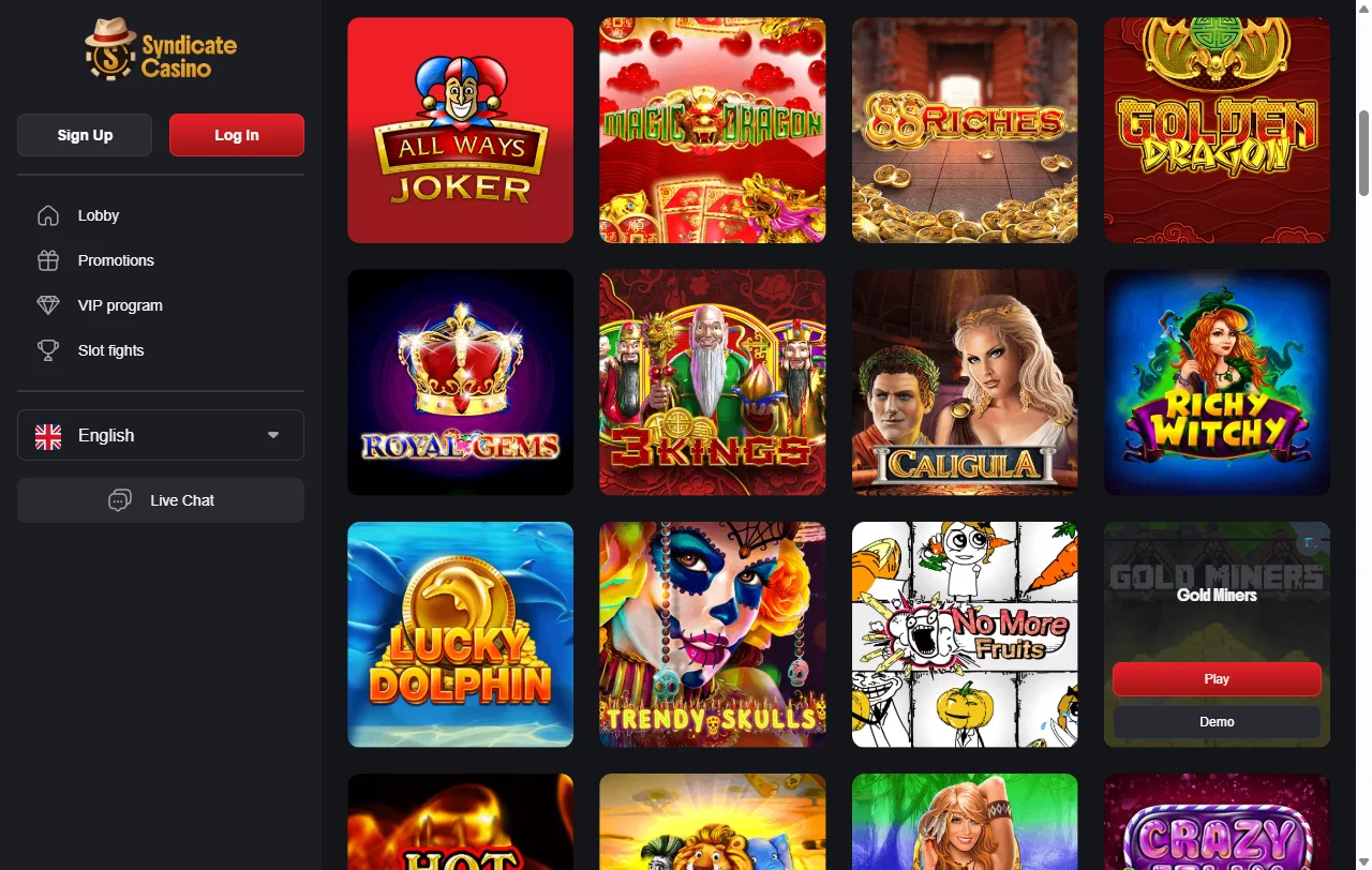 Catálogo de tragamonedas de Syndicate Casino con filtros por proveedor como Pragmatic Play
