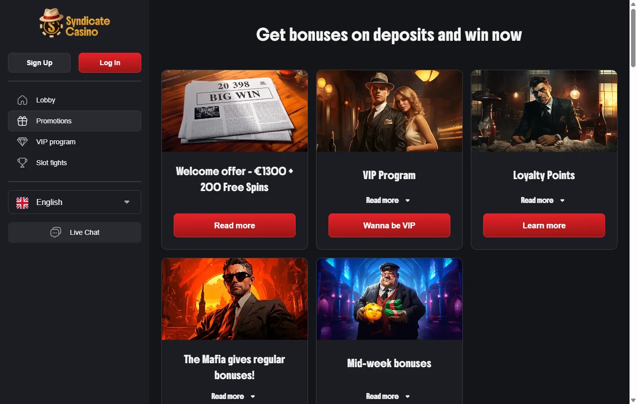 Paquete de bienvenida de Syndicate Casino repartido en cuatro depósitos con wagering x40