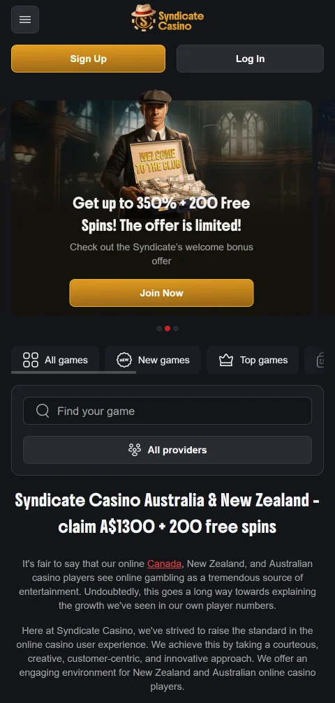 Syndicate Casino abierto desde el navegador de un celular sin aplicación nativa