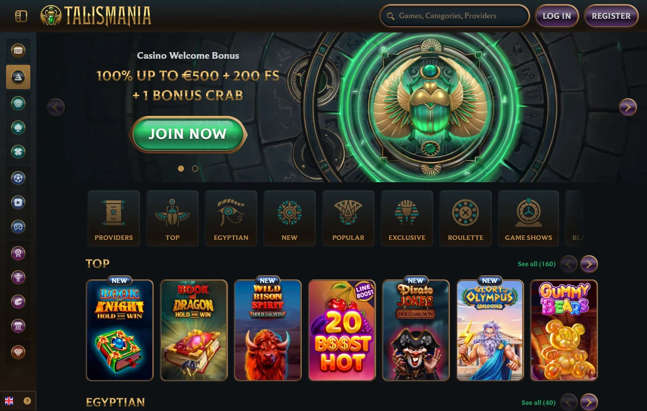 Portada de Talismania Casino con accesos a tragamonedas, mesas en vivo y deportes