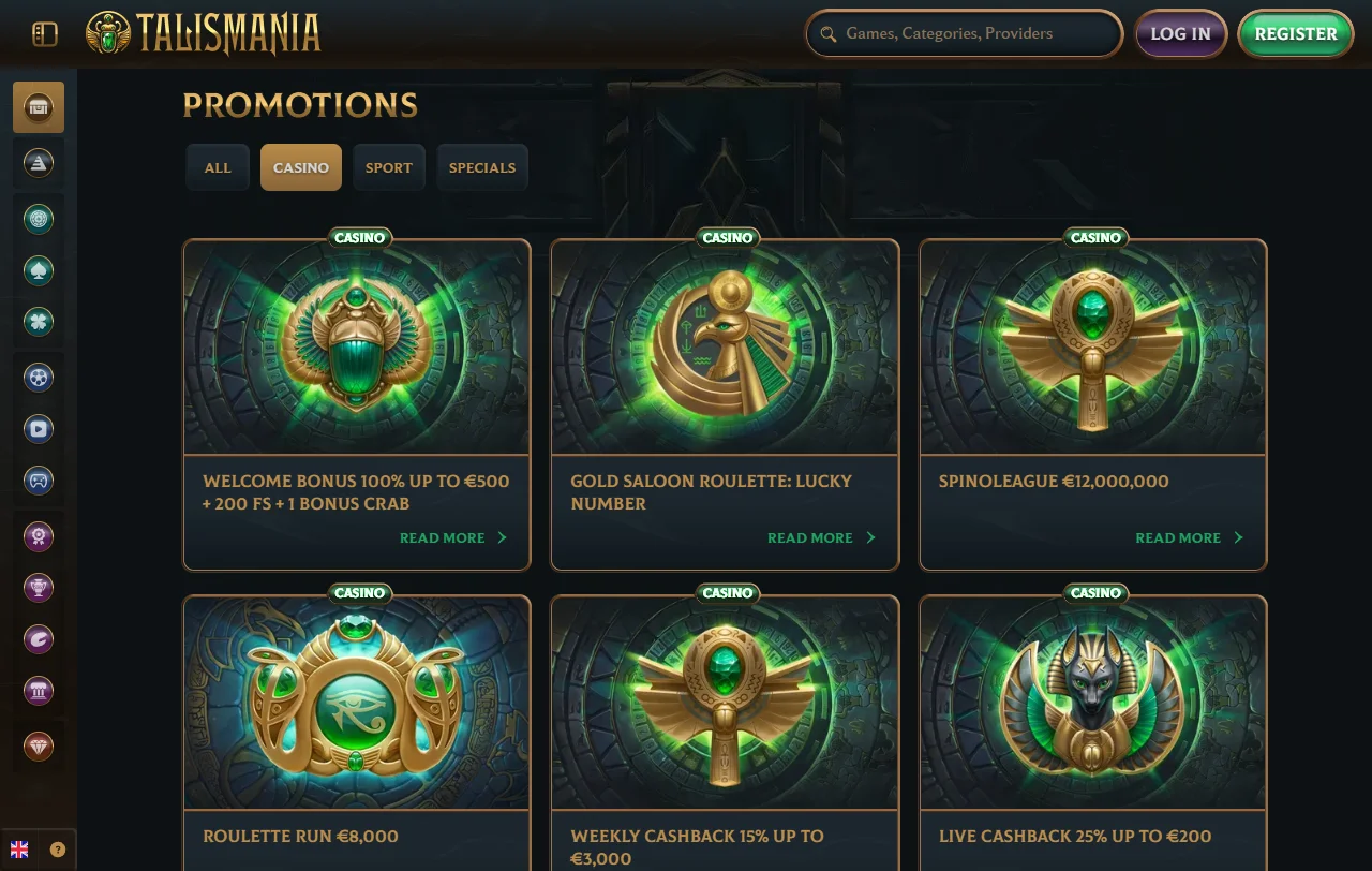 Lobby de Talismania Casino con más de 14.000 juegos filtrados por proveedor