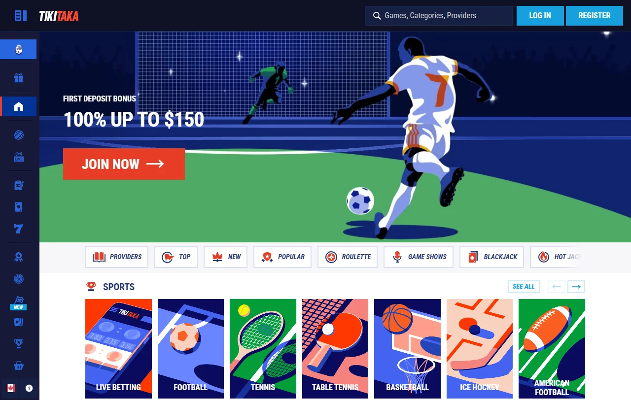 Portada de TikiTaka Casino con las secciones de casino y apuestas deportivas