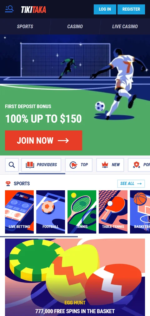 Versión web móvil de TikiTaka Casino abierta en el navegador del celular