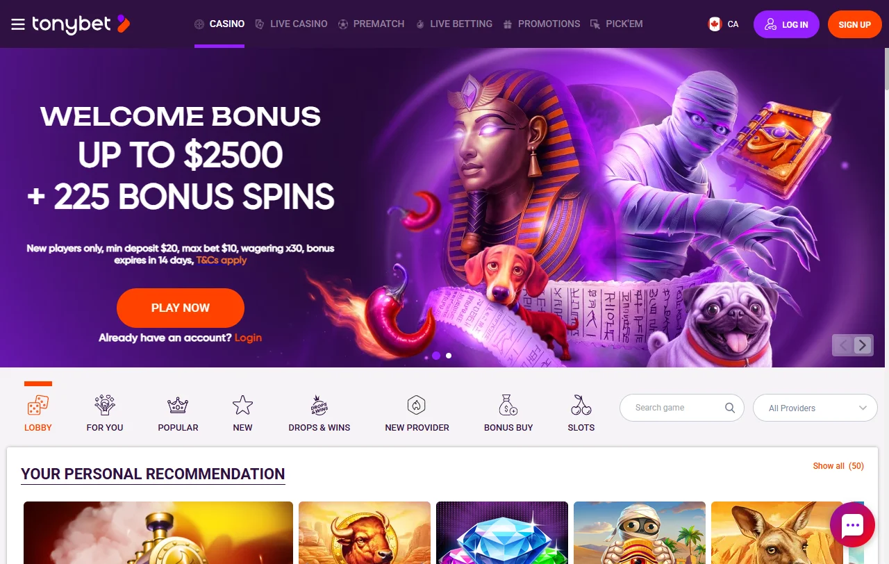 Catálogo de Tonybet Casino con tragamonedas de Pragmatic Play, NetEnt y Play