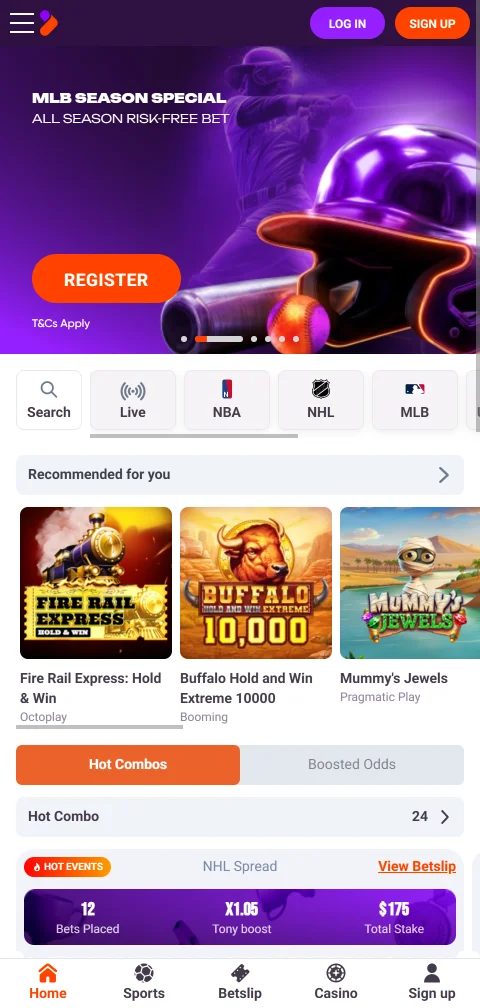 Tonybet Casino en la web móvil con navegación inferior y buscador de juegos