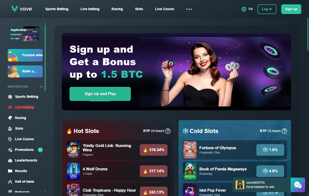Portada de Vave Casino con acceso a juegos cripto y apuestas deportivas