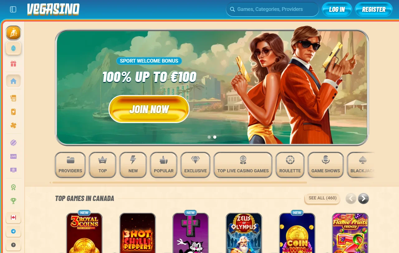 Lobby principal de Vegasino Casino con categorías de tragamonedas y apuestas deportivas