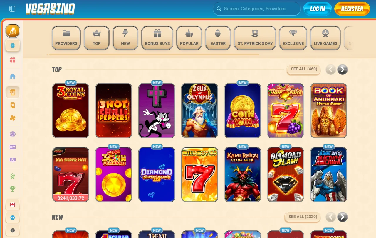 Catálogo de juegos de Vegasino Casino con tragamonedas exclusivas y mesas en vivo