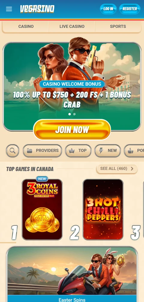 Vegasino Casino en el celular con lobby adaptado a pantalla táctil