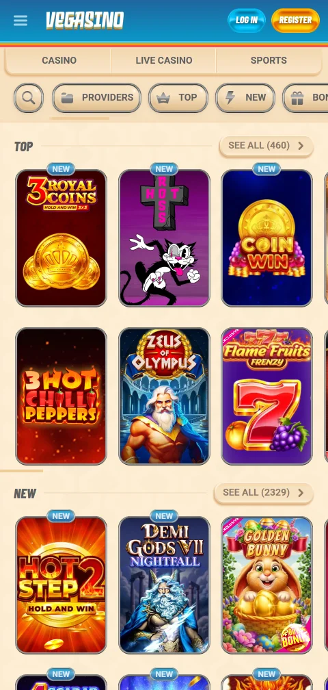 Cajero móvil de Vegasino Casino con Webpay y retiros en criptomonedas