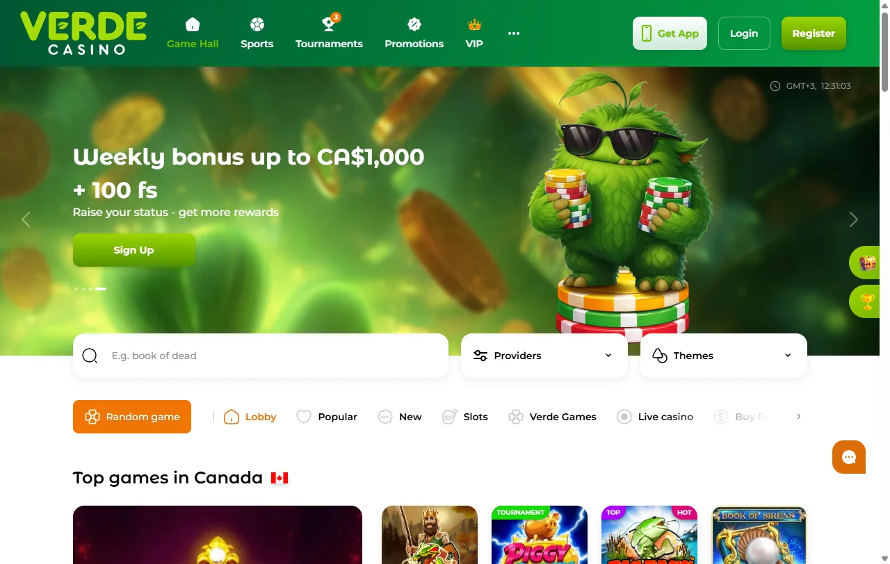 Página principal de Verde Casino en su versión para jugadores de Chile