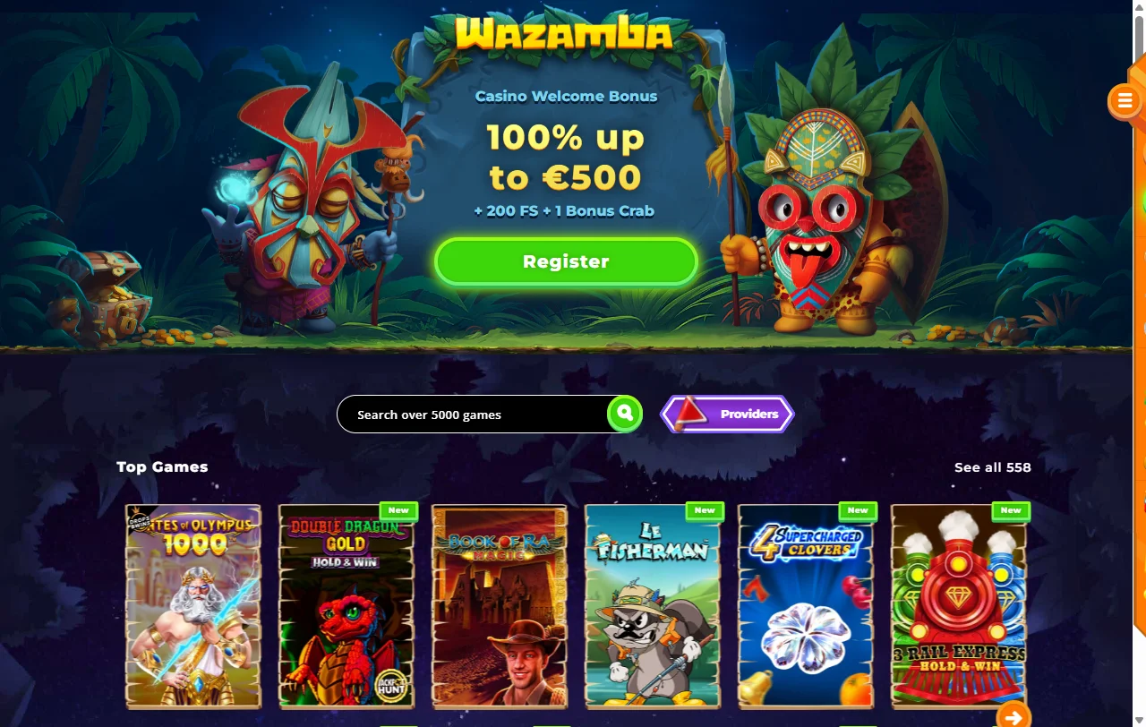 Página principal de Wazamba Casino para Chile con su temática de héroes y máscaras